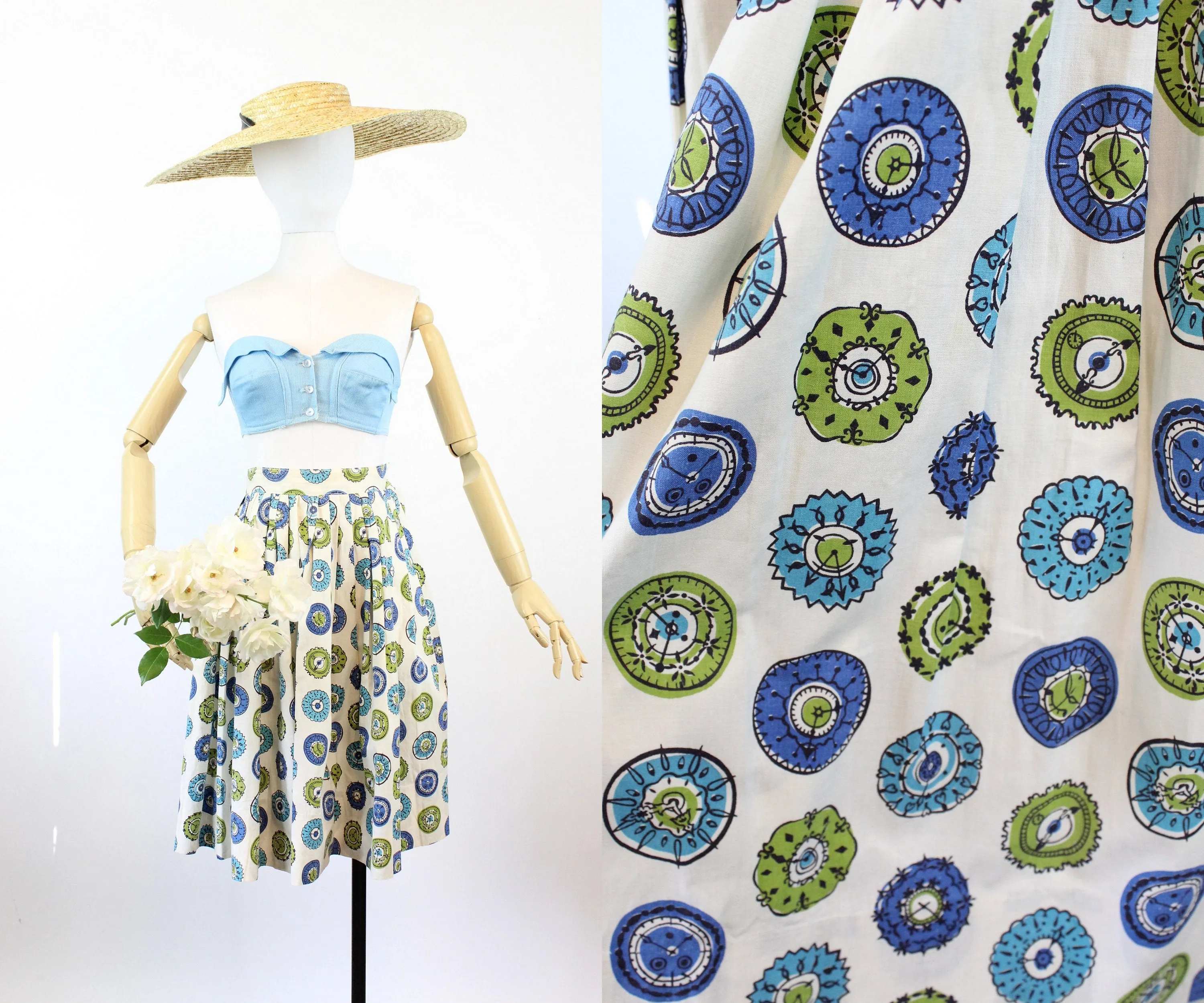 1950s CLOCK print novelty cotton skirt xxs | new spring