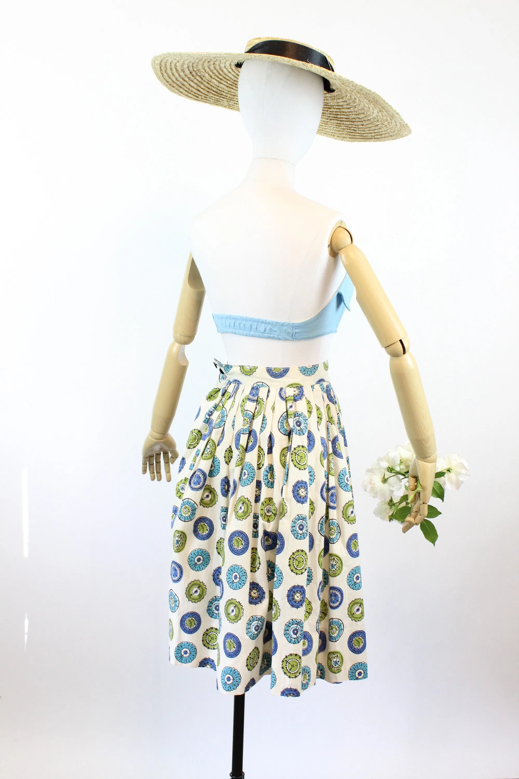 1950s CLOCK print novelty cotton skirt xxs | new spring