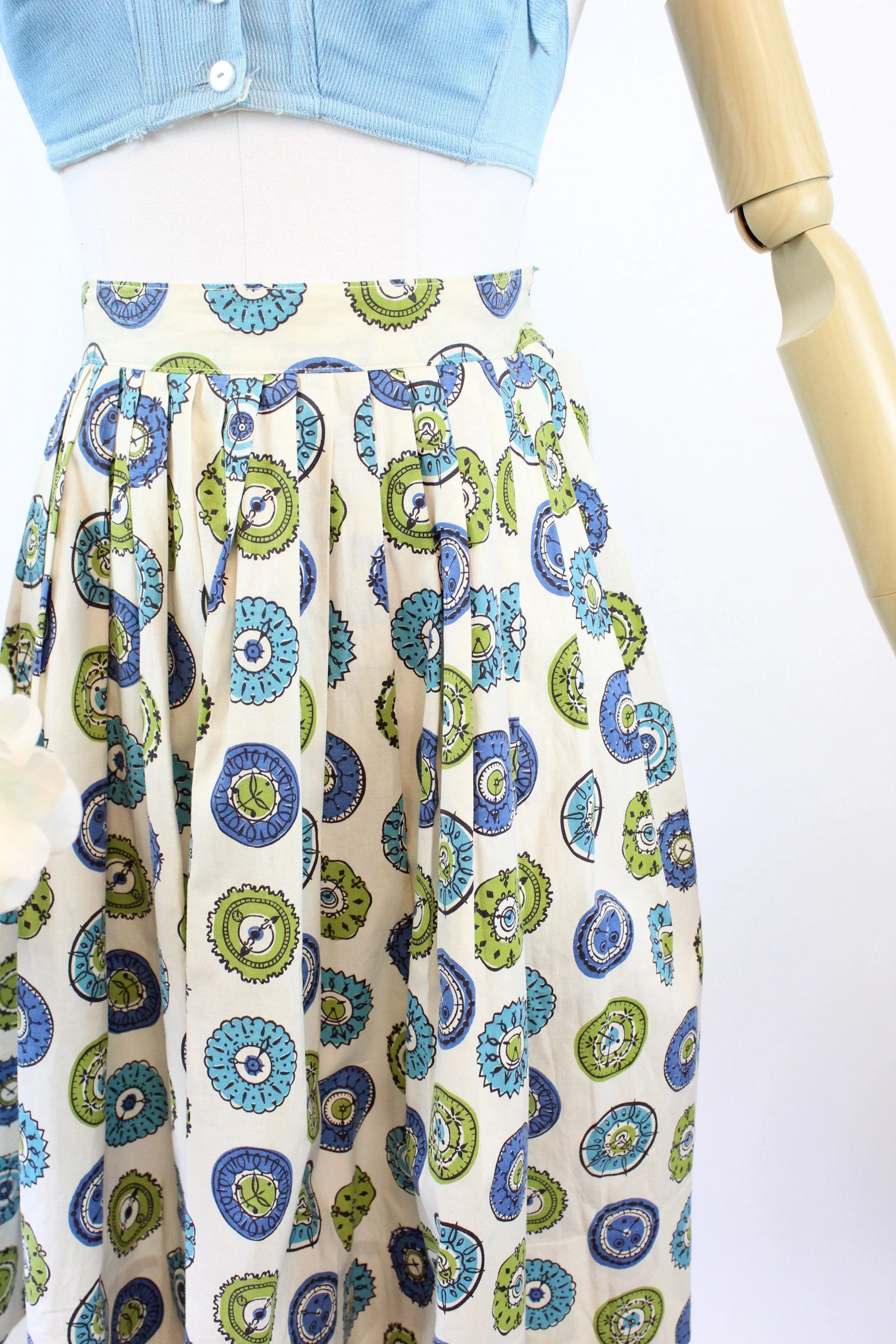 1950s CLOCK print novelty cotton skirt xxs | new spring