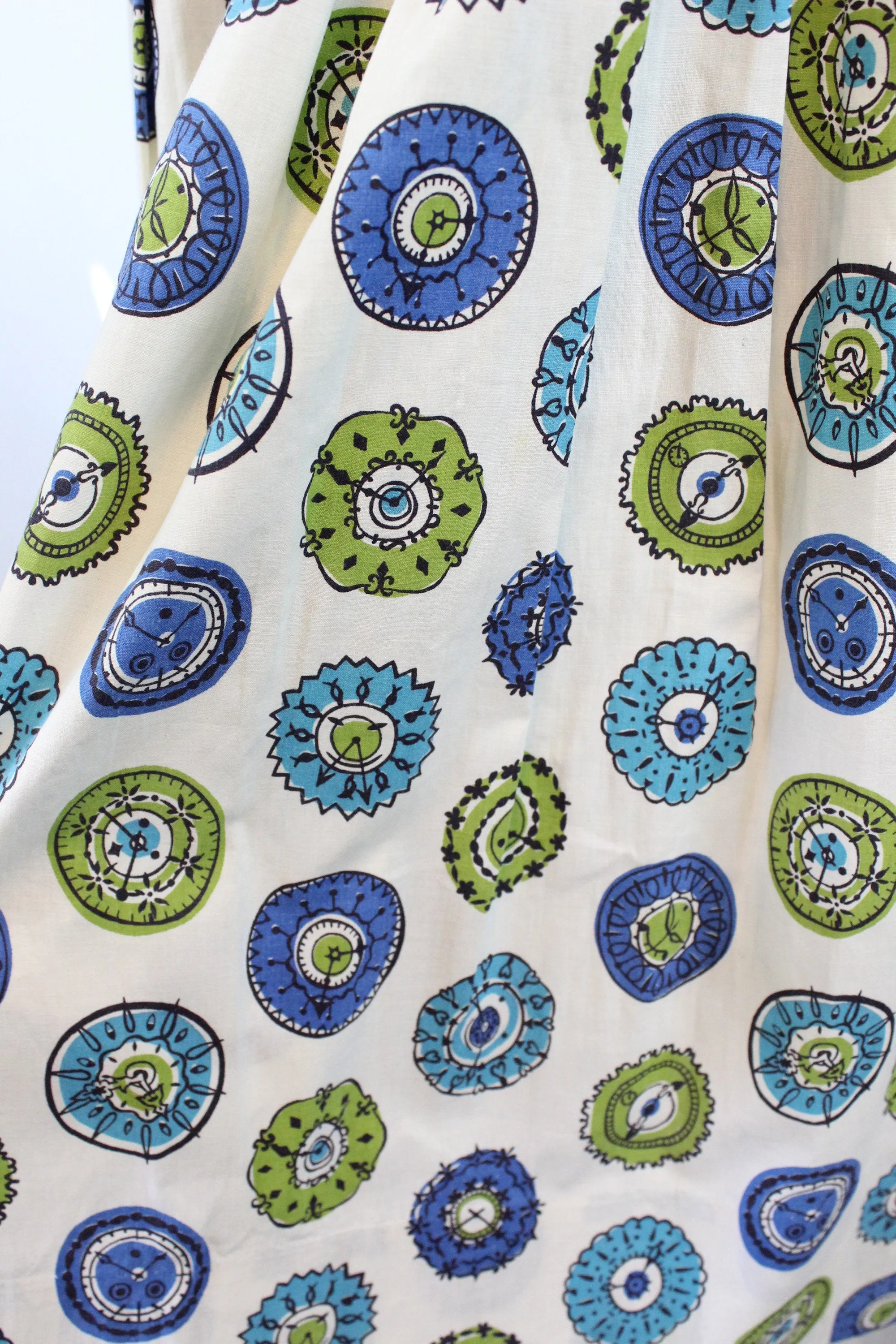 1950s CLOCK print novelty cotton skirt xxs | new spring