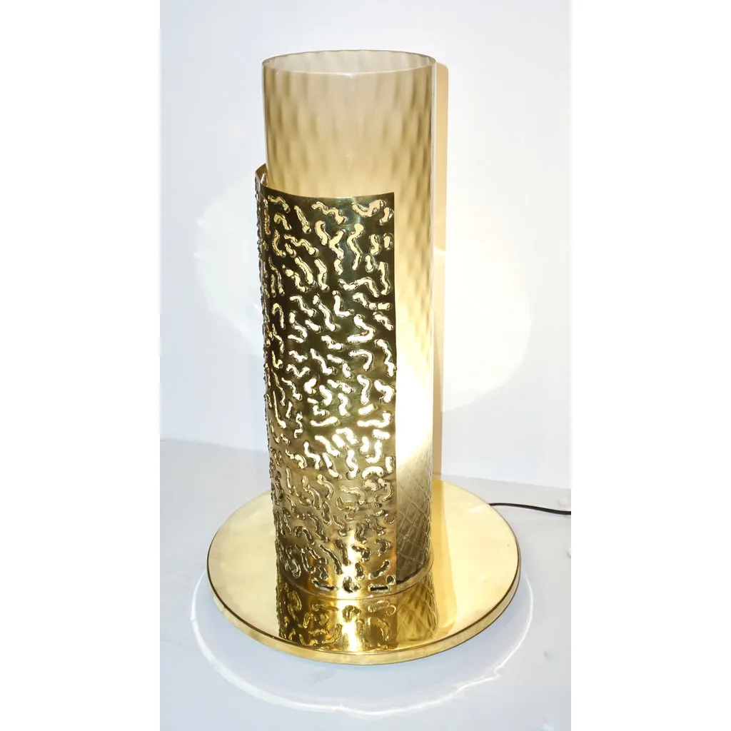 1980 Italian Brutalist Pair of Cream Beige Murano Glass Round Brass Table Lamps