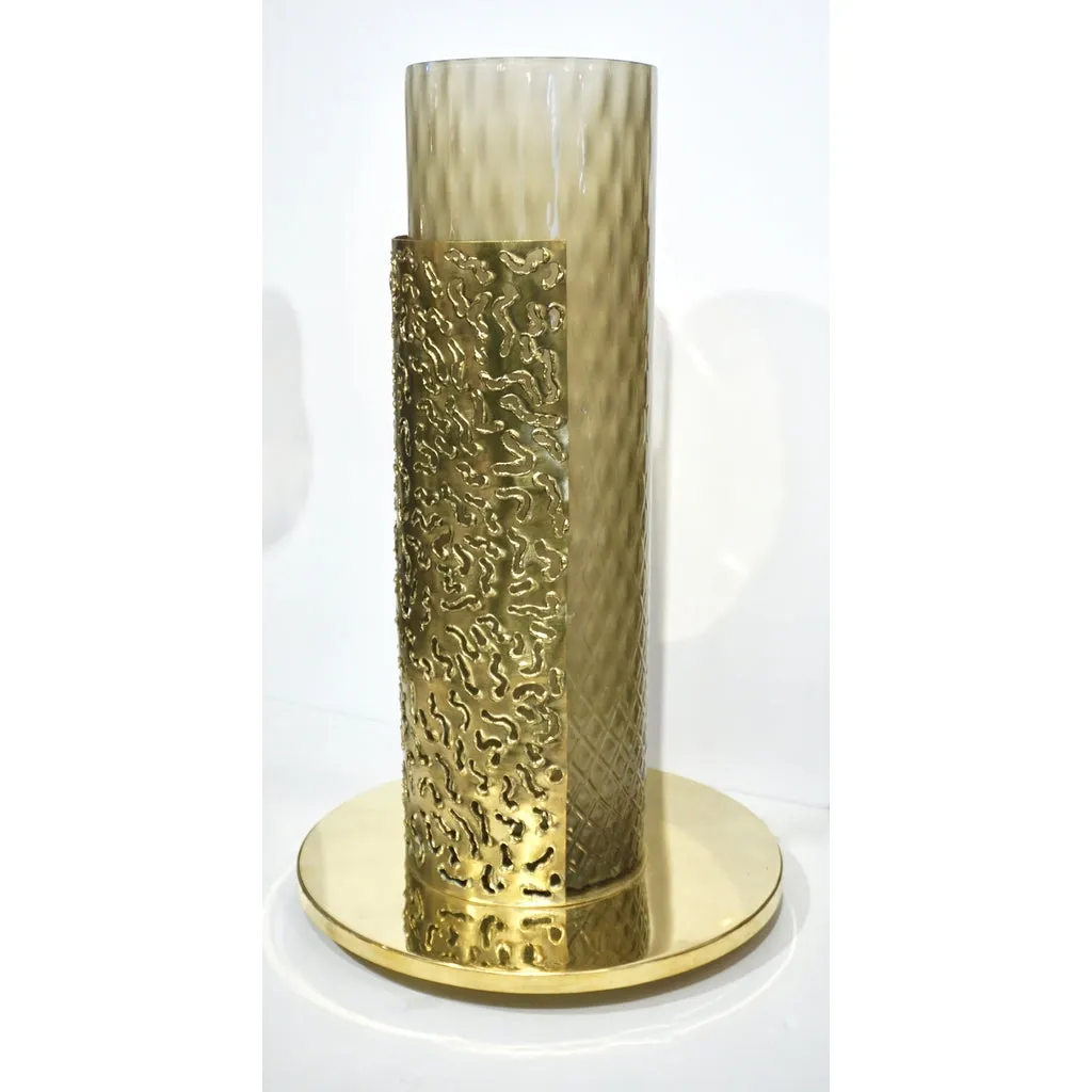 1980 Italian Brutalist Pair of Cream Beige Murano Glass Round Brass Table Lamps