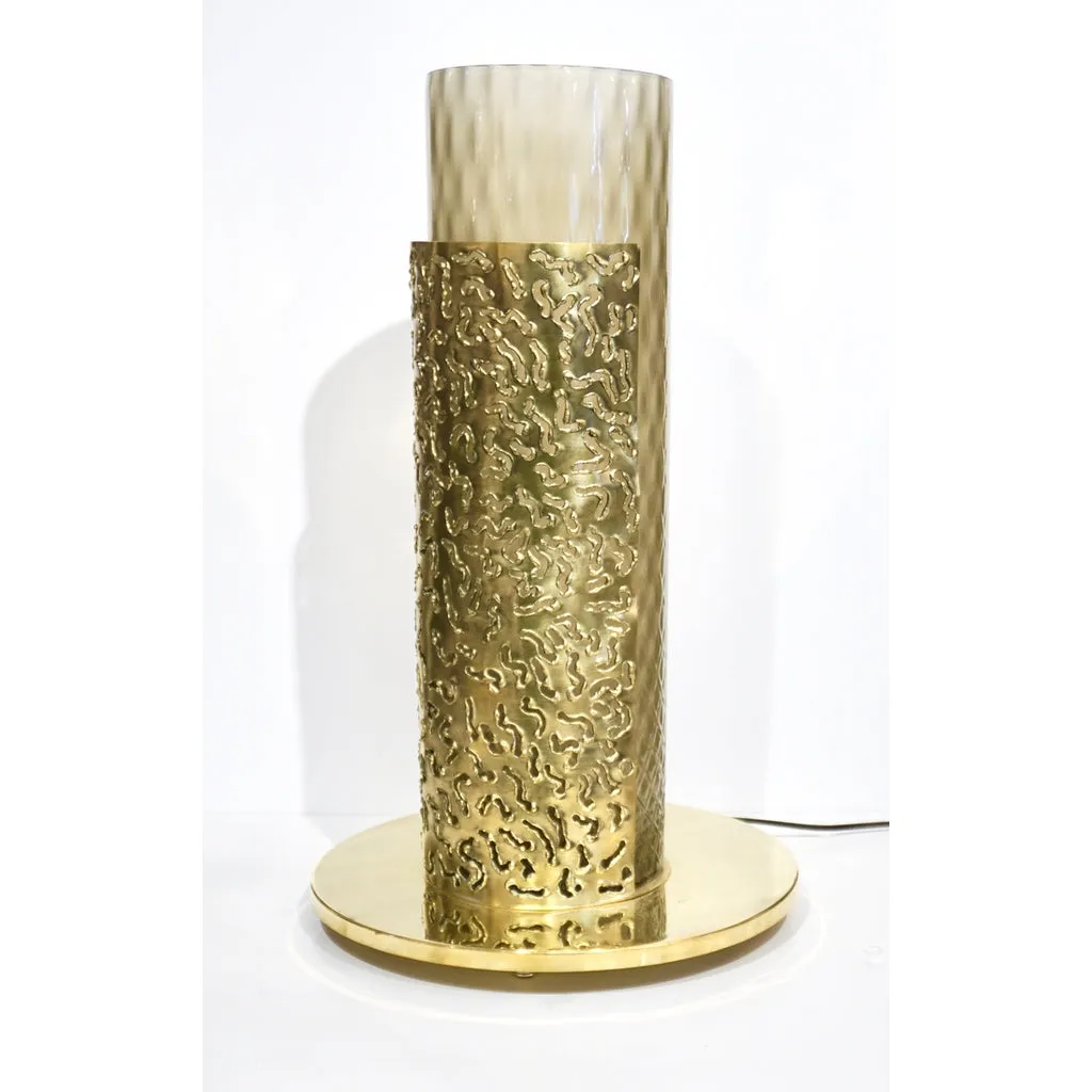 1980 Italian Brutalist Pair of Cream Beige Murano Glass Round Brass Table Lamps