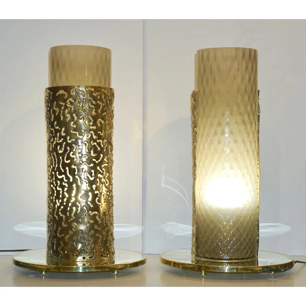 1980 Italian Brutalist Pair of Cream Beige Murano Glass Round Brass Table Lamps