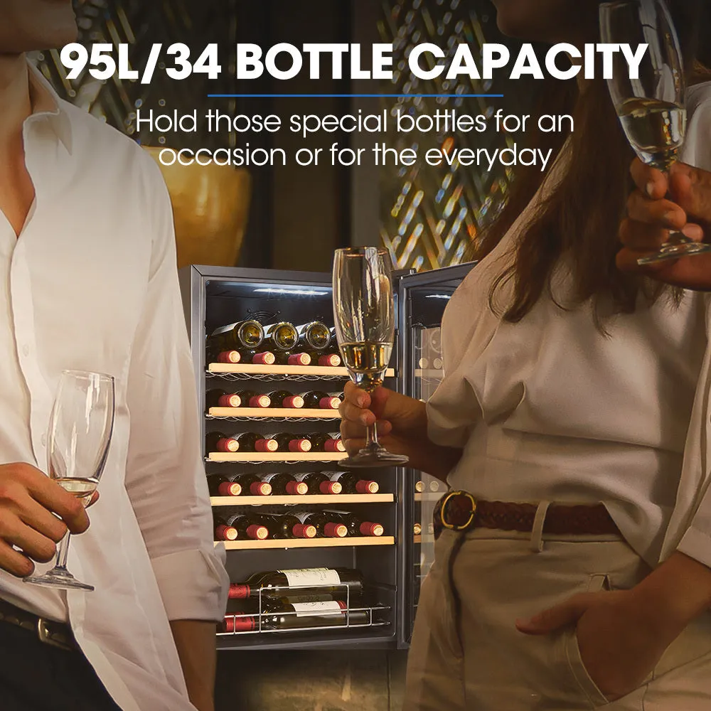 34 Bottle Wine Bar Fridge, Under Bench | Glass Door w/ Stainless Steel Frame - Sliding Shelves, Silver