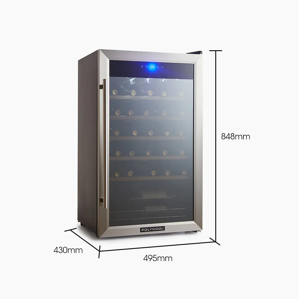 34 Bottle Wine Bar Fridge, Under Bench | Glass Door w/ Stainless Steel Frame - Sliding Shelves, Silver