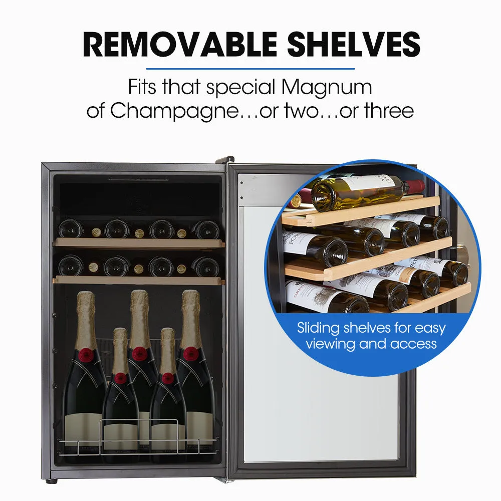 34 Bottle Wine Bar Fridge, Under Bench | Glass Door w/ Stainless Steel Frame - Sliding Shelves, Silver