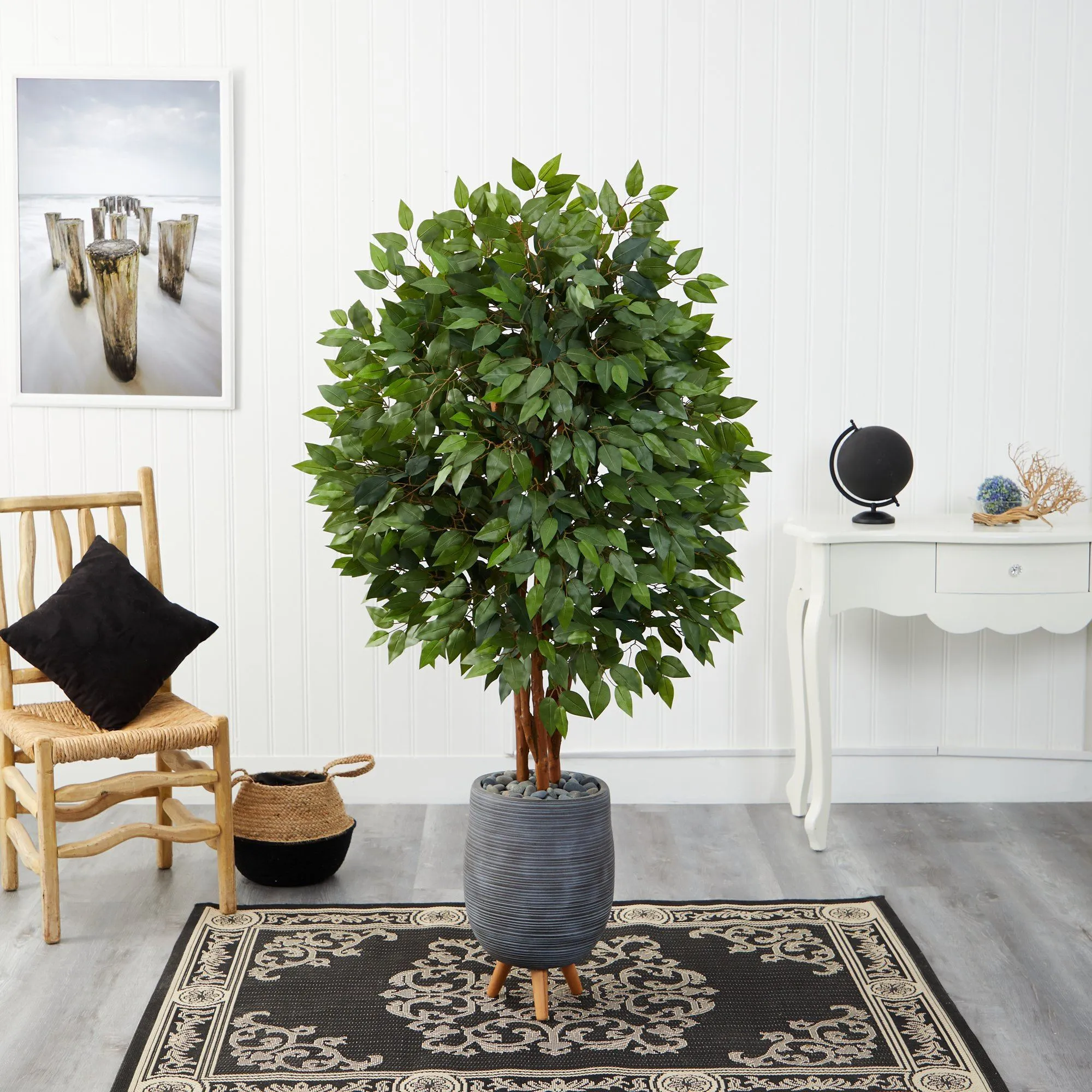 63” Super Deluxe Artificial Ficus Tree in Gray Planter with Stand