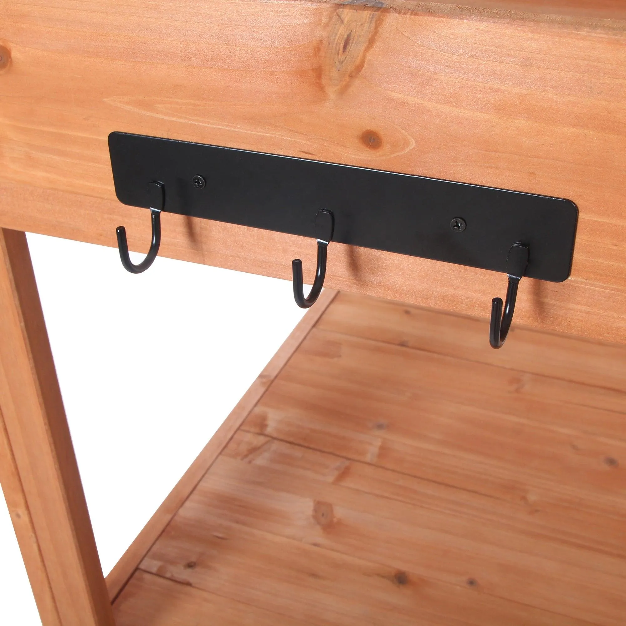 65" Rustic Outdoor Potting Bench, Large Wooden Farmhouse Table with 4 Shelves & Hooks