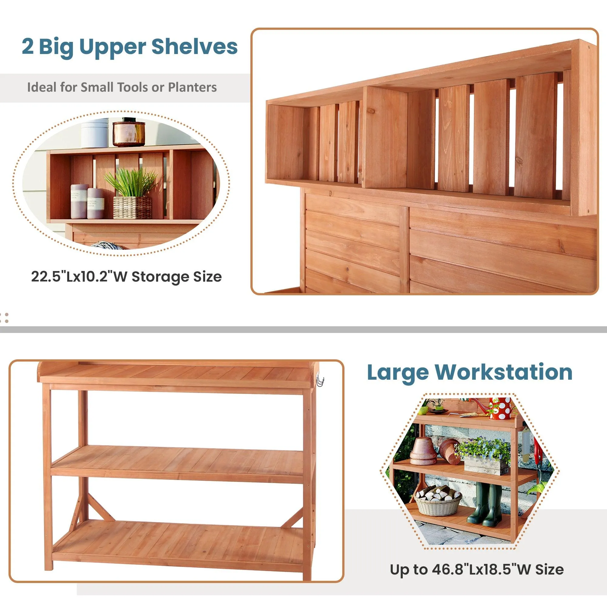 65" Rustic Outdoor Potting Bench, Large Wooden Farmhouse Table with 4 Shelves & Hooks