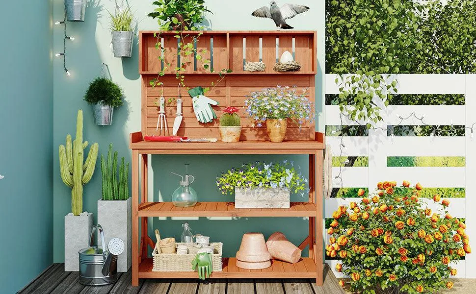 65" Rustic Outdoor Potting Bench, Large Wooden Farmhouse Table with 4 Shelves & Hooks