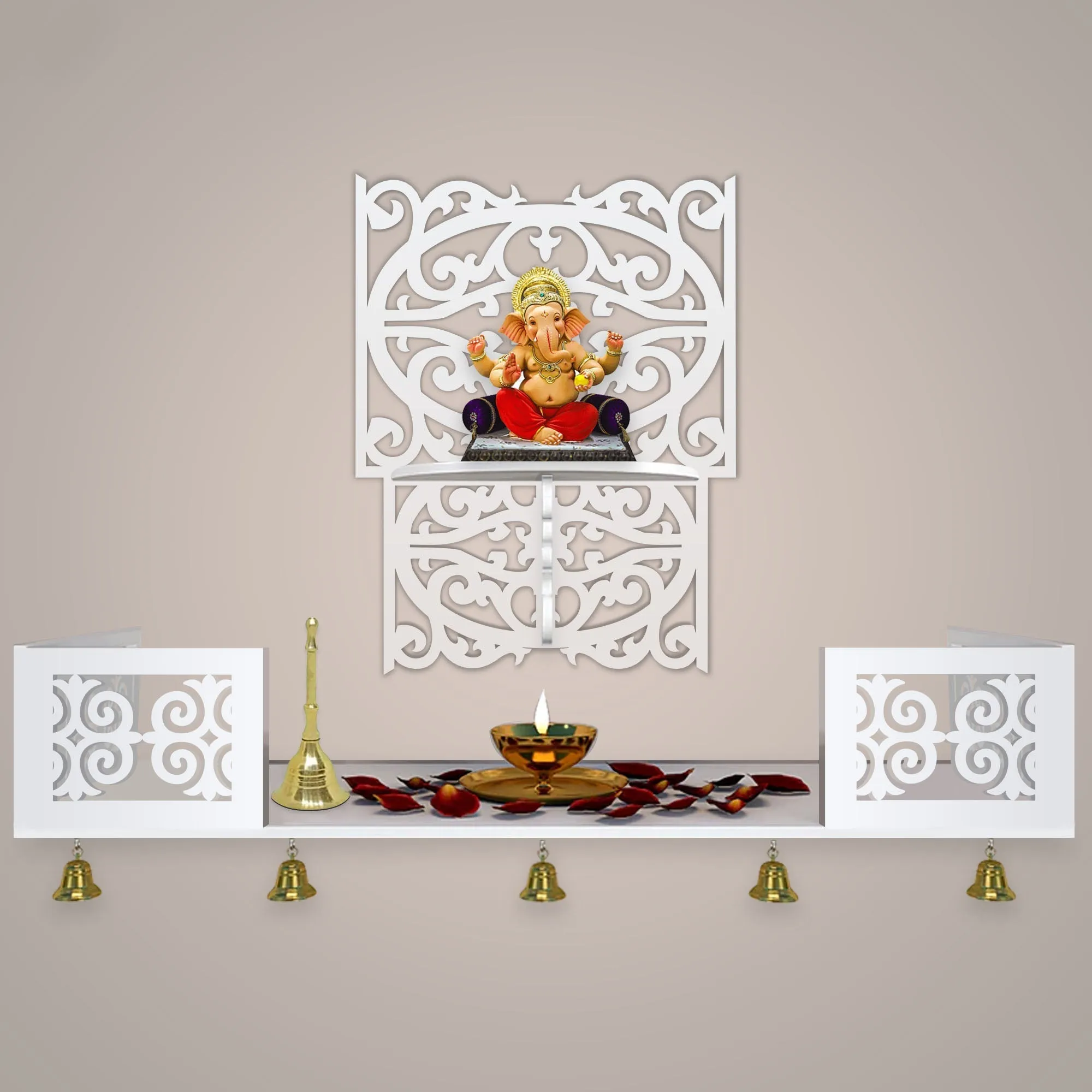 Aesthetic Pattern Designer Square Shaped Wall Hanging Wooden Temple/ Pooja Mandir Design with Shelf, White Color