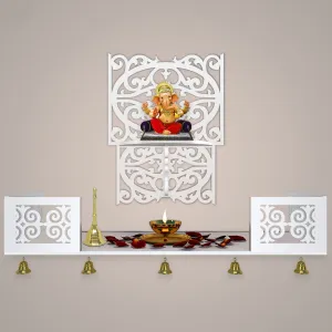 Aesthetic Pattern Designer Square Shaped Wall Hanging Wooden Temple/ Pooja Mandir Design with Shelf, White Color