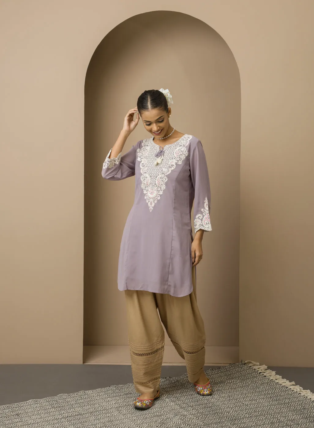 Beige Salwar with Bottom Hem with Lace work