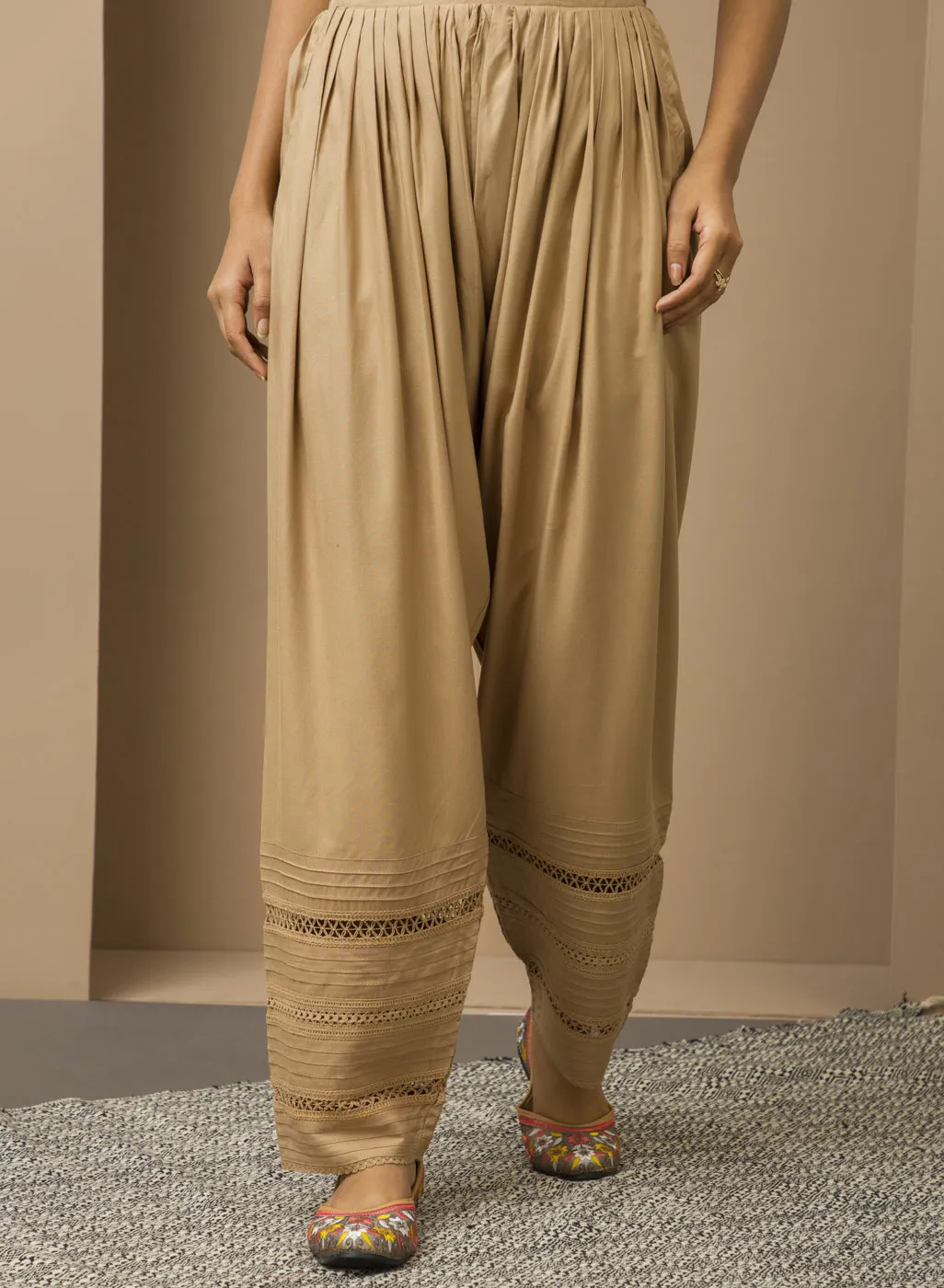 Beige Salwar with Bottom Hem with Lace work