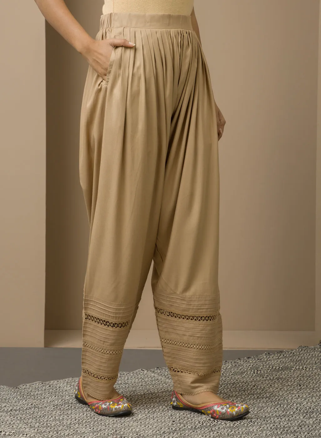 Beige Salwar with Bottom Hem with Lace work
