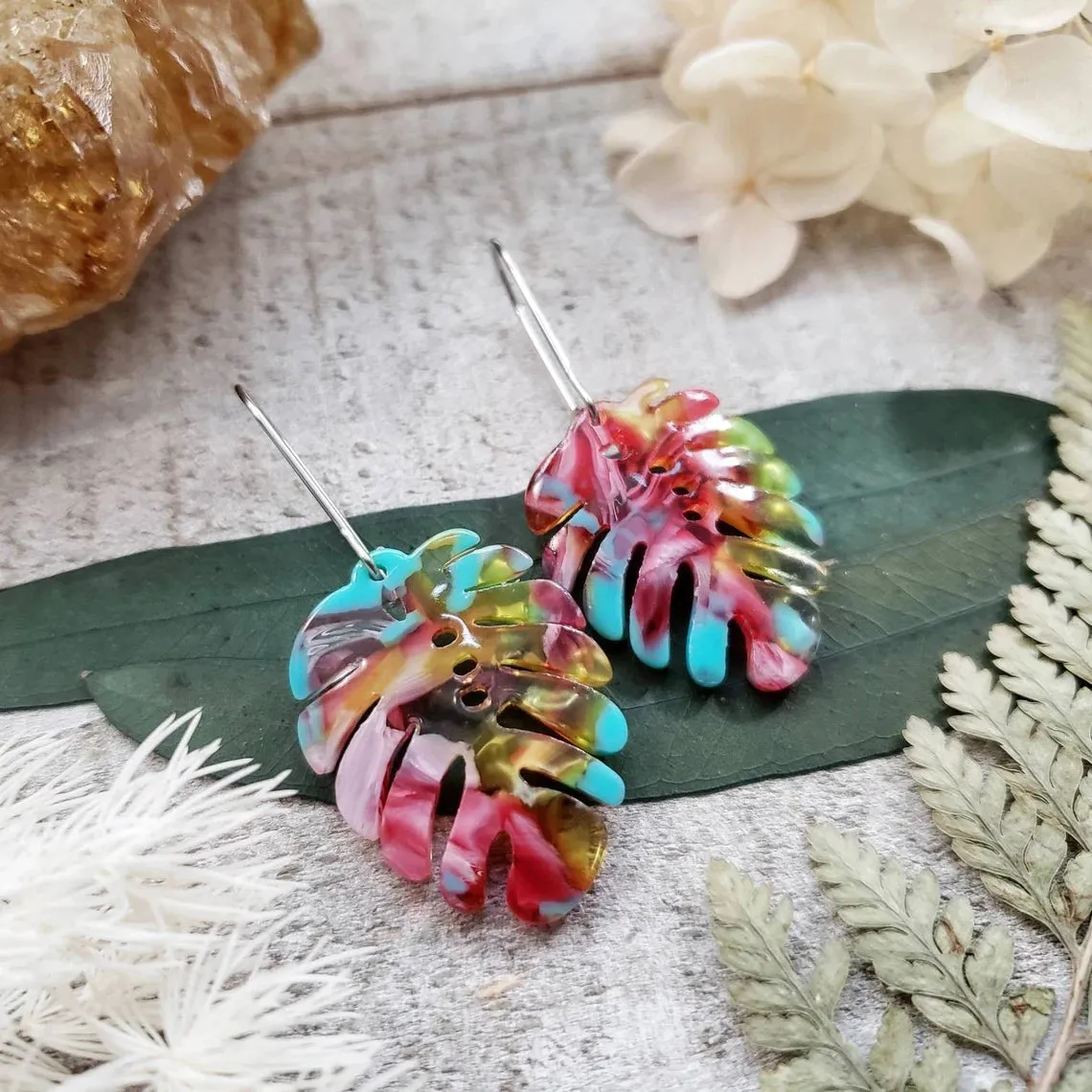 Boho monstera leaf earrings