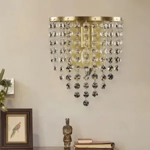 Brass-Toned Tapered Wall Sconce with Crystal Chain - Minimalist 1-Light Mounted Fixture