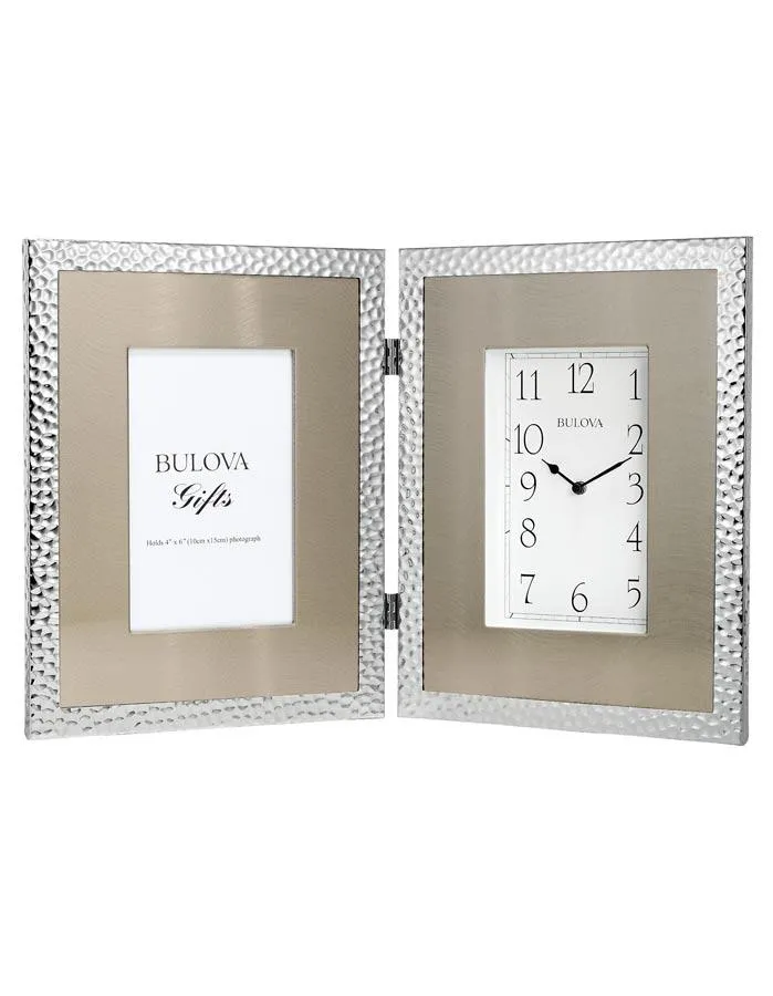 Bulova Cobblestone Silver-Tone Hammered Picture Frame Clock - 4 x 6 Photo