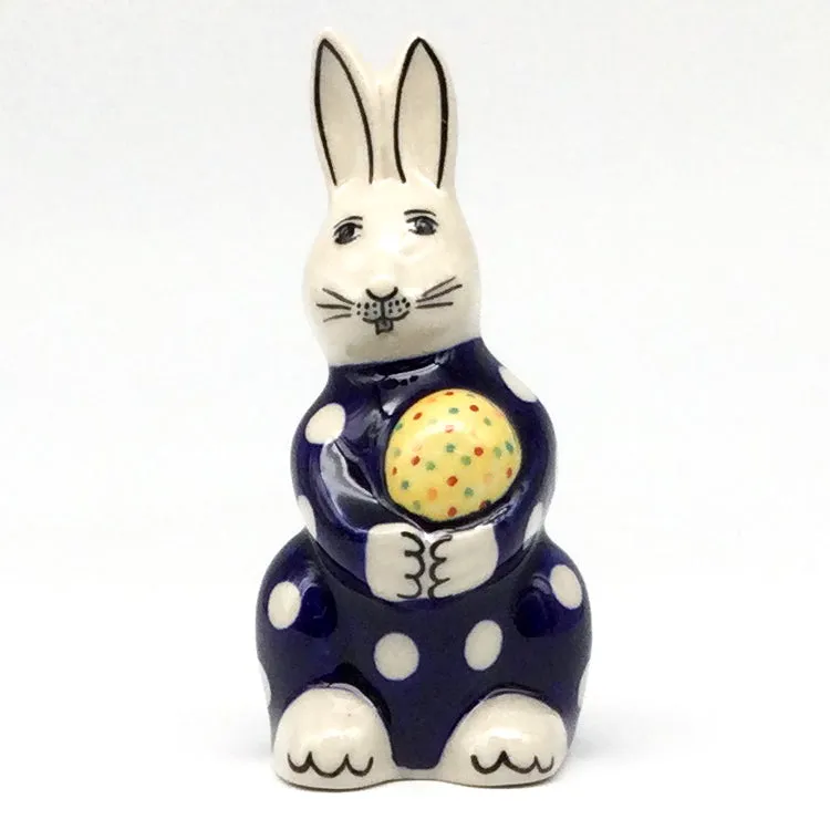 Bunny Holding Easter Egg-Miniature in White Polka-Dot