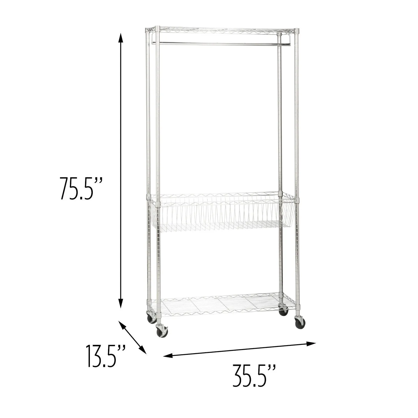 Chrome Rolling Laundry Station with Hanging Bar, Basket, and Shelves