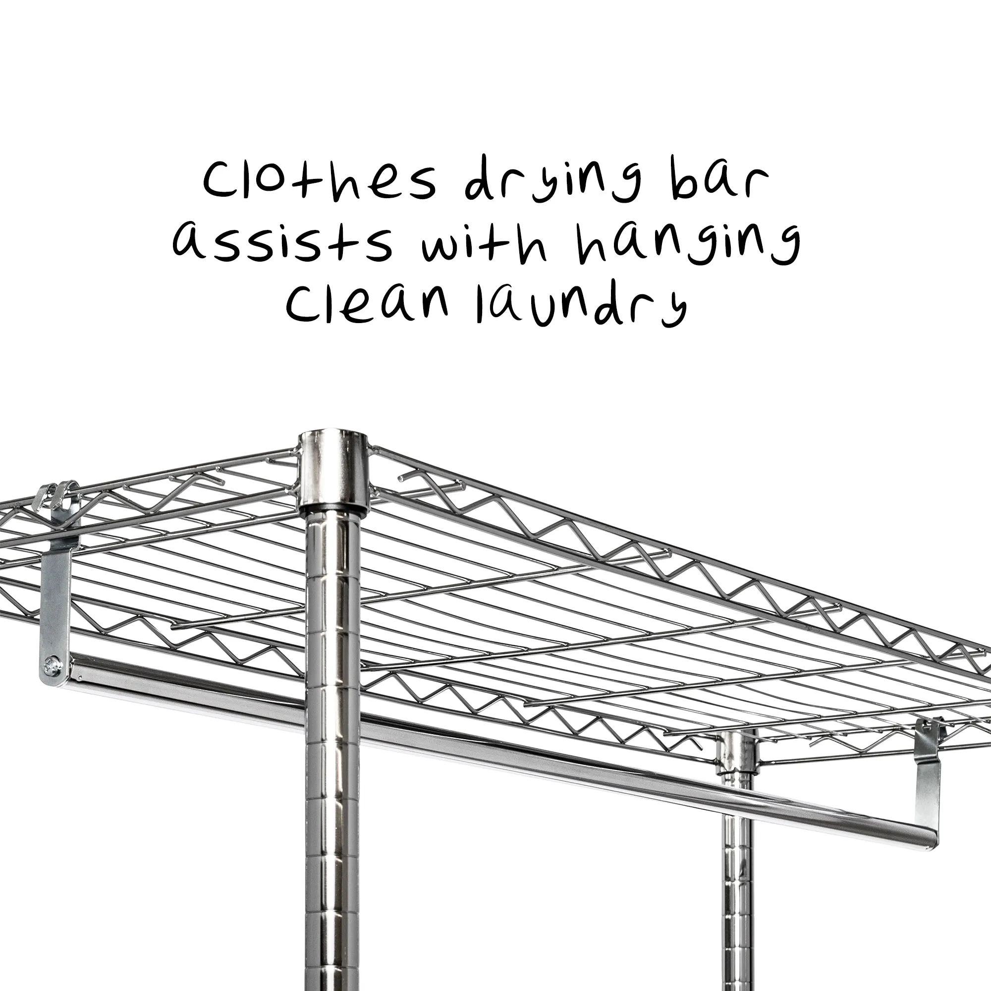 Chrome Rolling Laundry Station with Hanging Bar, Basket, and Shelves