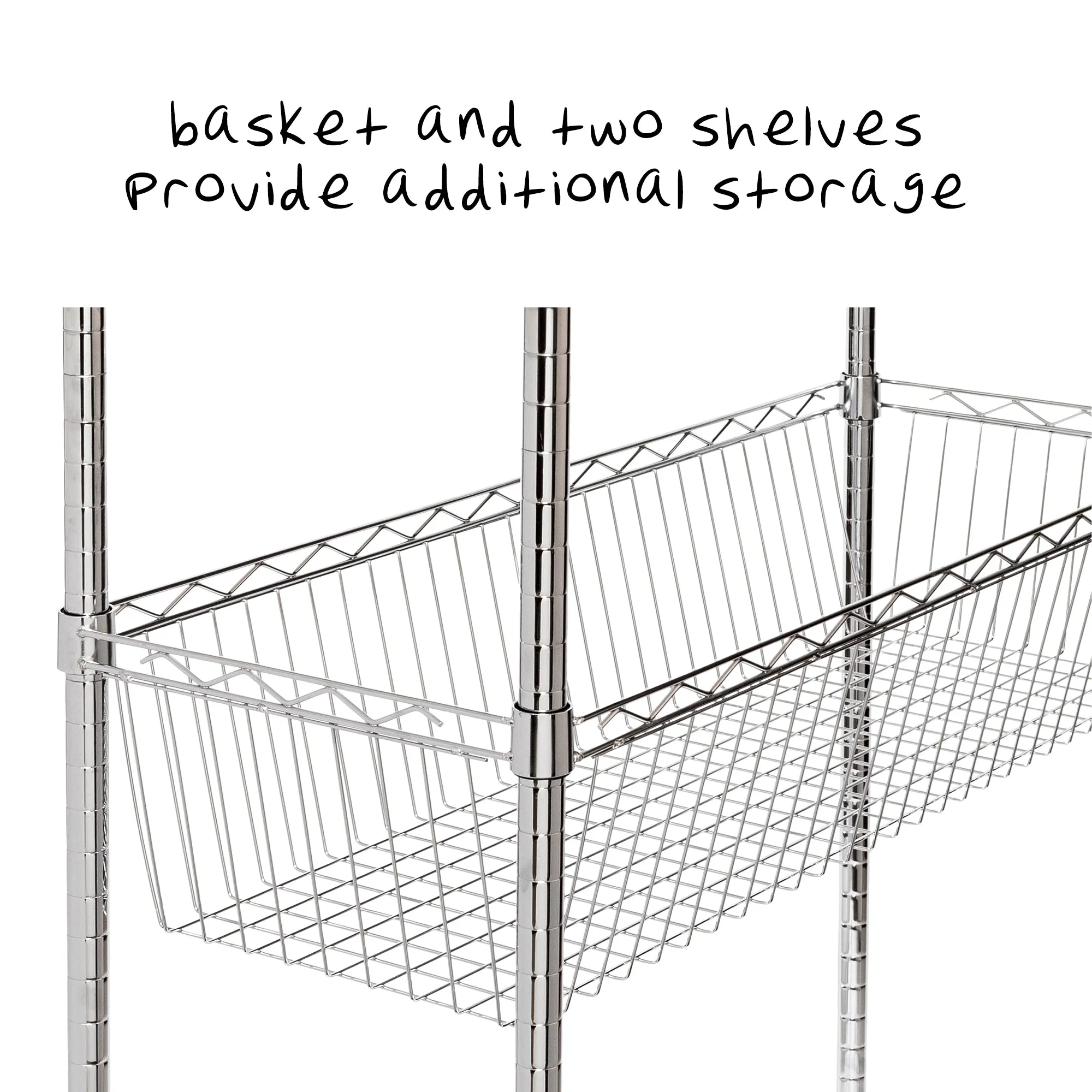 Chrome Rolling Laundry Station with Hanging Bar, Basket, and Shelves