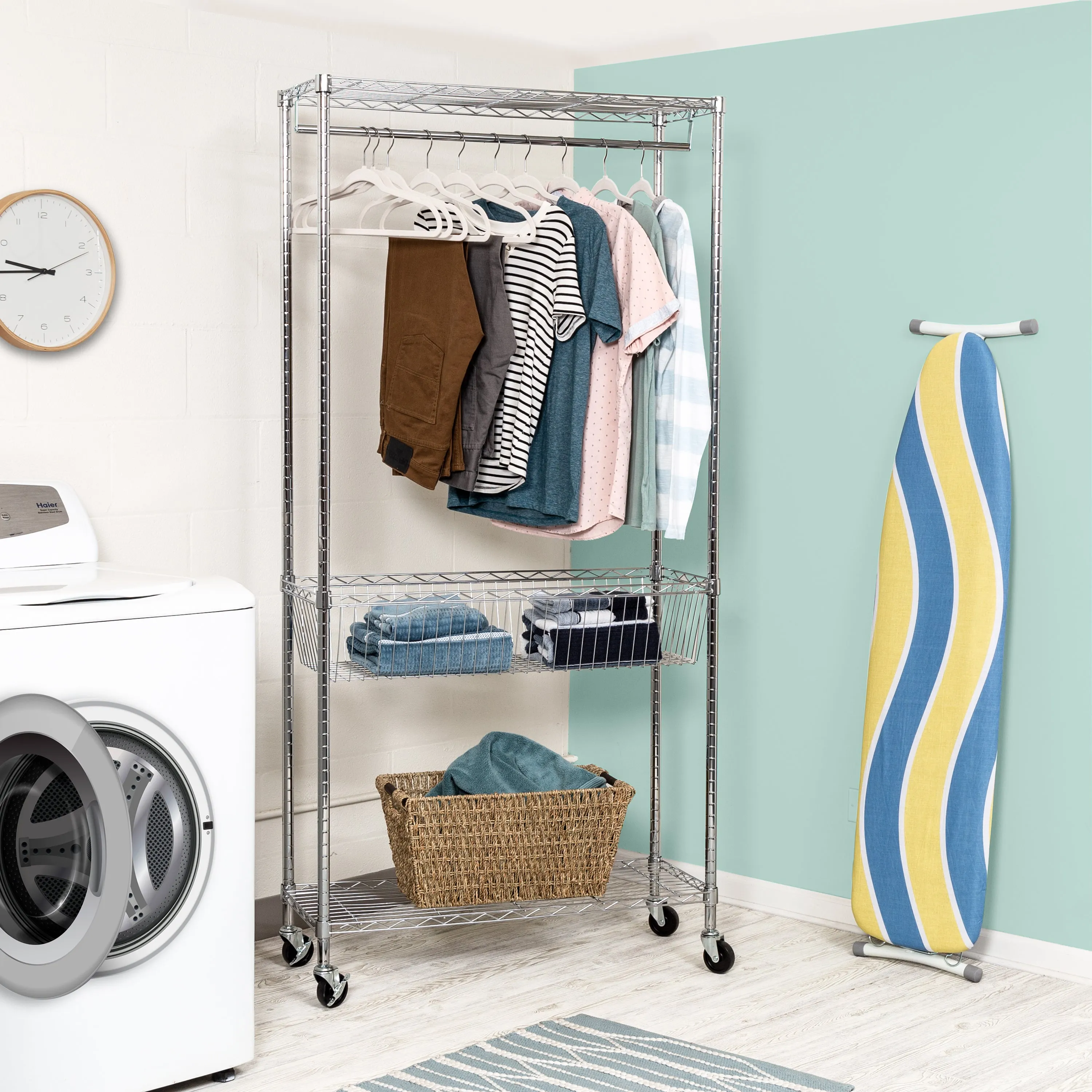 Chrome Rolling Laundry Station with Hanging Bar, Basket, and Shelves