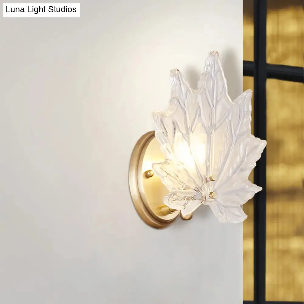 Contemporary Gold Wall Sconce: Maple Leaf Bedroom Wall Light with Clear Crystal, 1 Head Fixture
