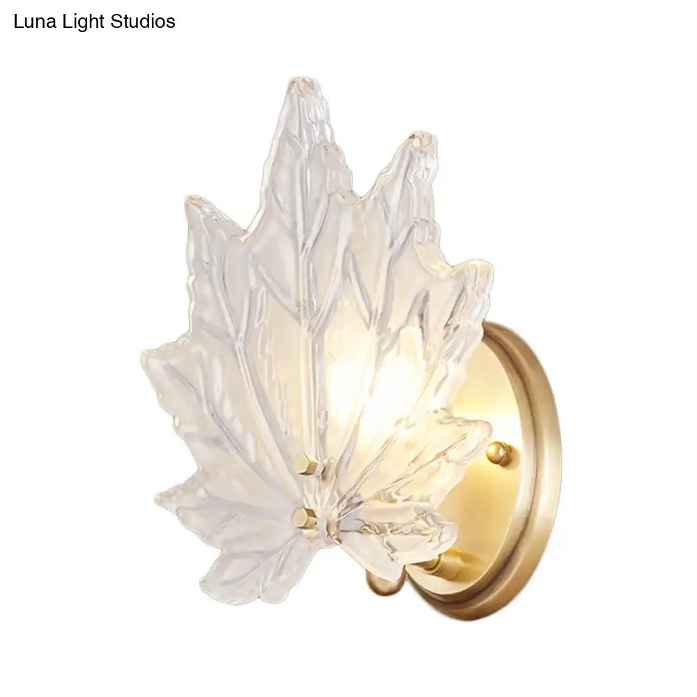 Contemporary Gold Wall Sconce: Maple Leaf Bedroom Wall Light with Clear Crystal, 1 Head Fixture