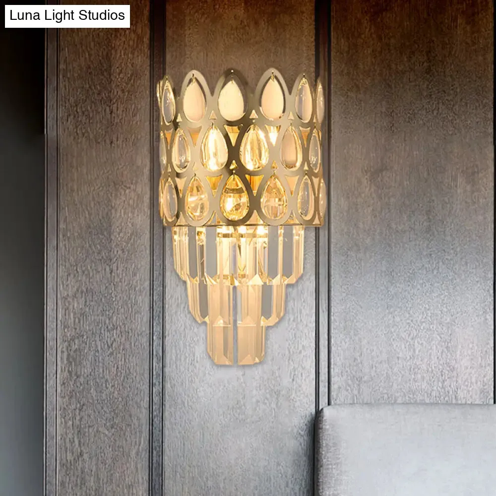Contemporary Grid Wall Mount Teardrop Crystal Light - 3 Lights - Black/Gold Sconce Lamp Fixture
