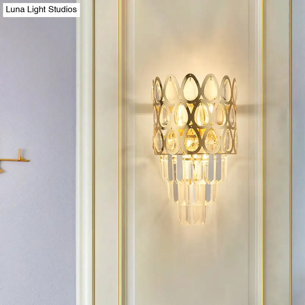 Contemporary Grid Wall Mount Teardrop Crystal Light - 3 Lights - Black/Gold Sconce Lamp Fixture