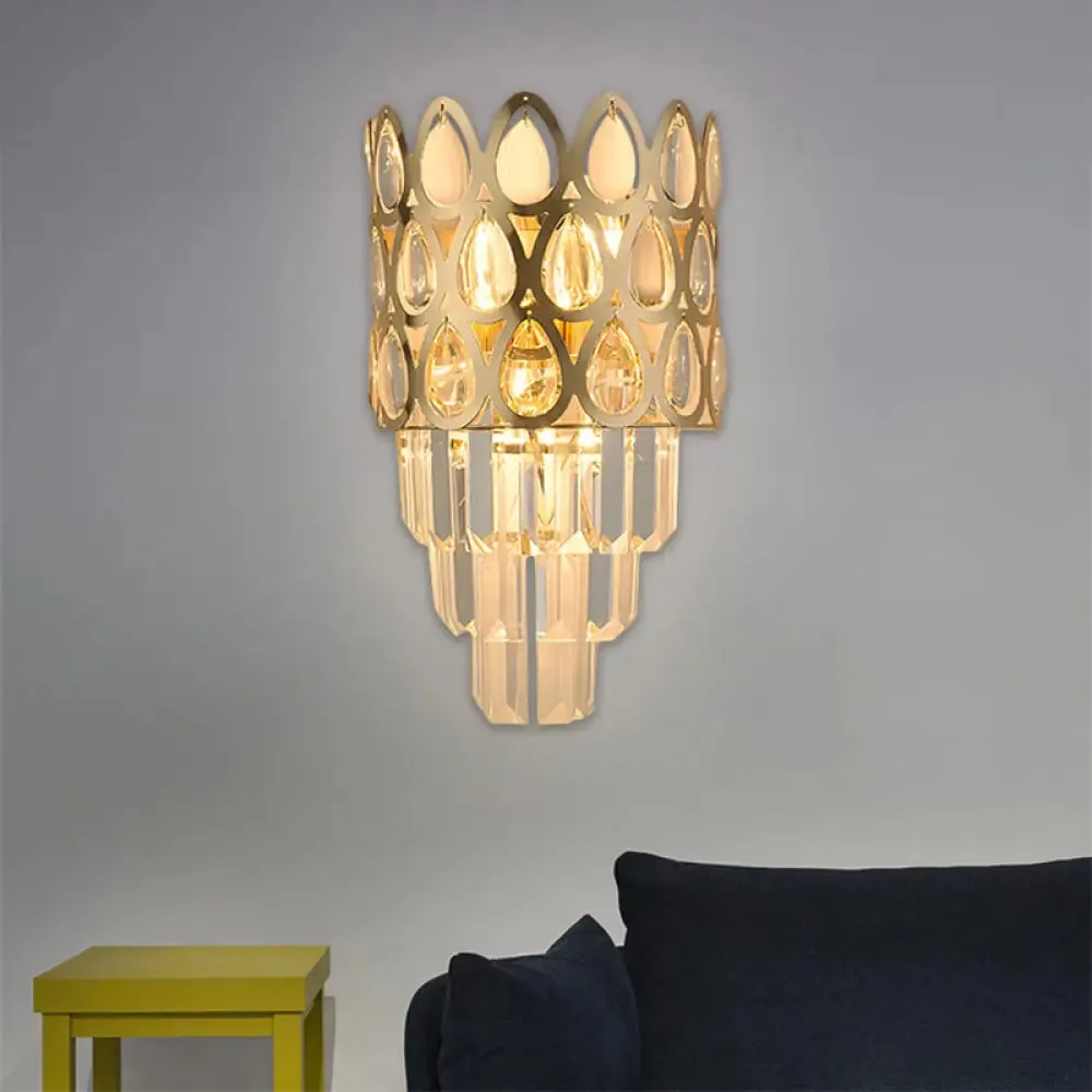 Contemporary Grid Wall Mount Teardrop Crystal Light - 3 Lights - Black/Gold Sconce Lamp Fixture