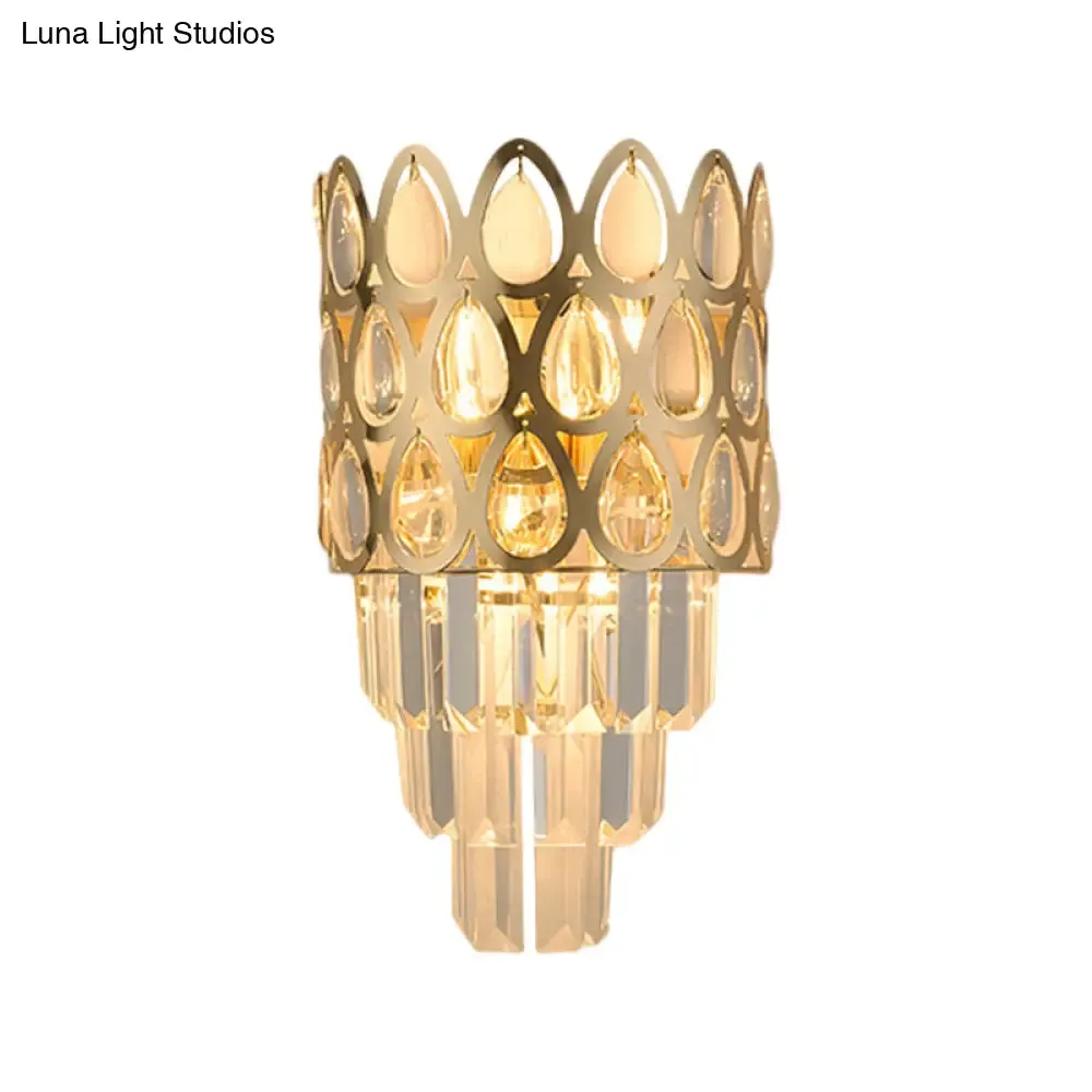 Contemporary Grid Wall Mount Teardrop Crystal Light - 3 Lights - Black/Gold Sconce Lamp Fixture