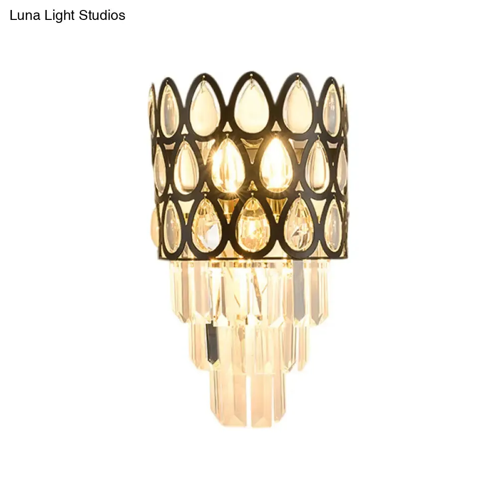 Contemporary Grid Wall Mount Teardrop Crystal Light - 3 Lights - Black/Gold Sconce Lamp Fixture