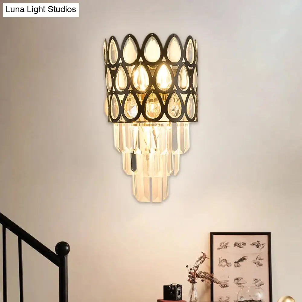 Contemporary Grid Wall Mount Teardrop Crystal Light - 3 Lights - Black/Gold Sconce Lamp Fixture