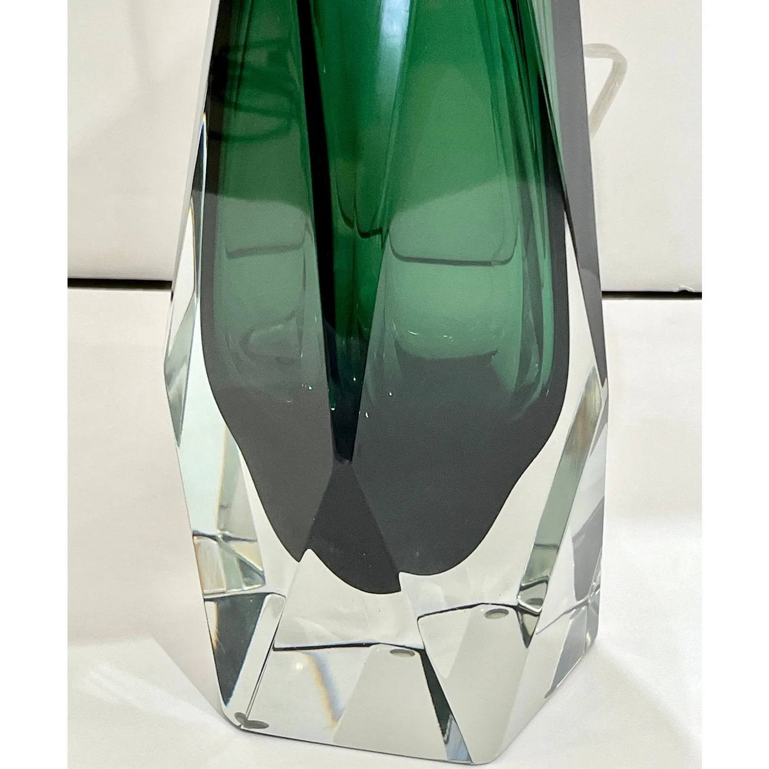 Contemporary Italian Forest Green Diamond Cut Crystal Murano Glass Table Lamps