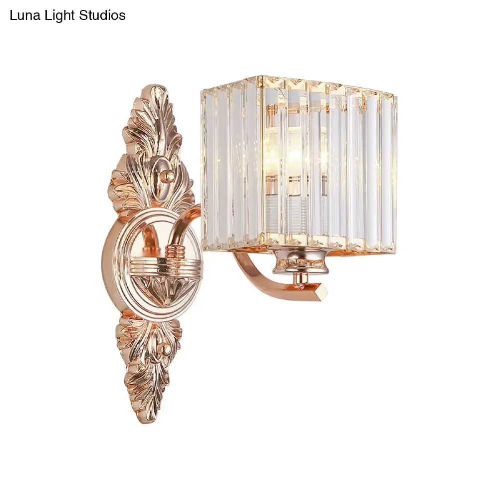 Contemporary Square Wall Sconce: Clear Crystal & Metal, Carved Backplate, Rose Gold
