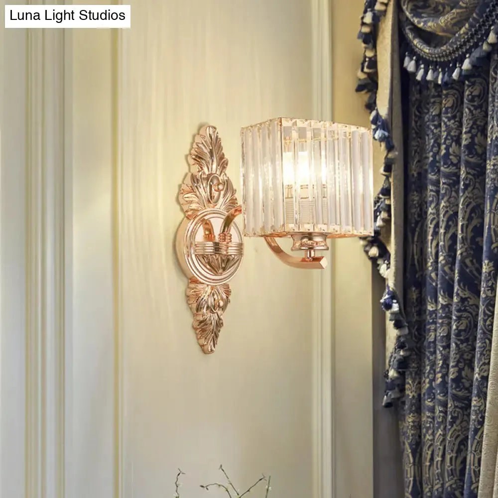 Contemporary Square Wall Sconce: Clear Crystal & Metal, Carved Backplate, Rose Gold