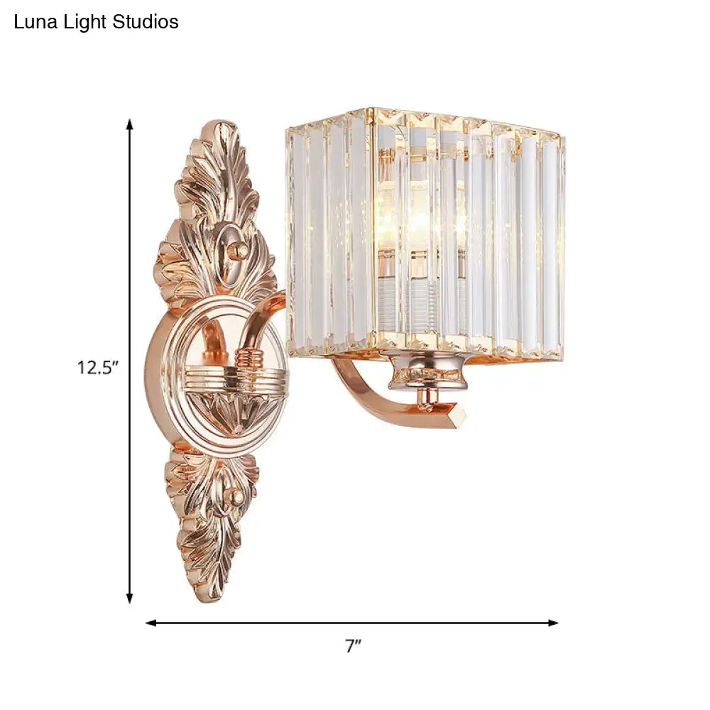 Contemporary Square Wall Sconce: Clear Crystal & Metal, Carved Backplate, Rose Gold