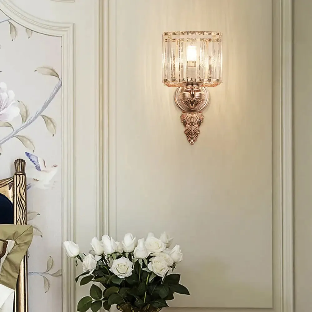 Contemporary Square Wall Sconce: Clear Crystal & Metal, Carved Backplate, Rose Gold