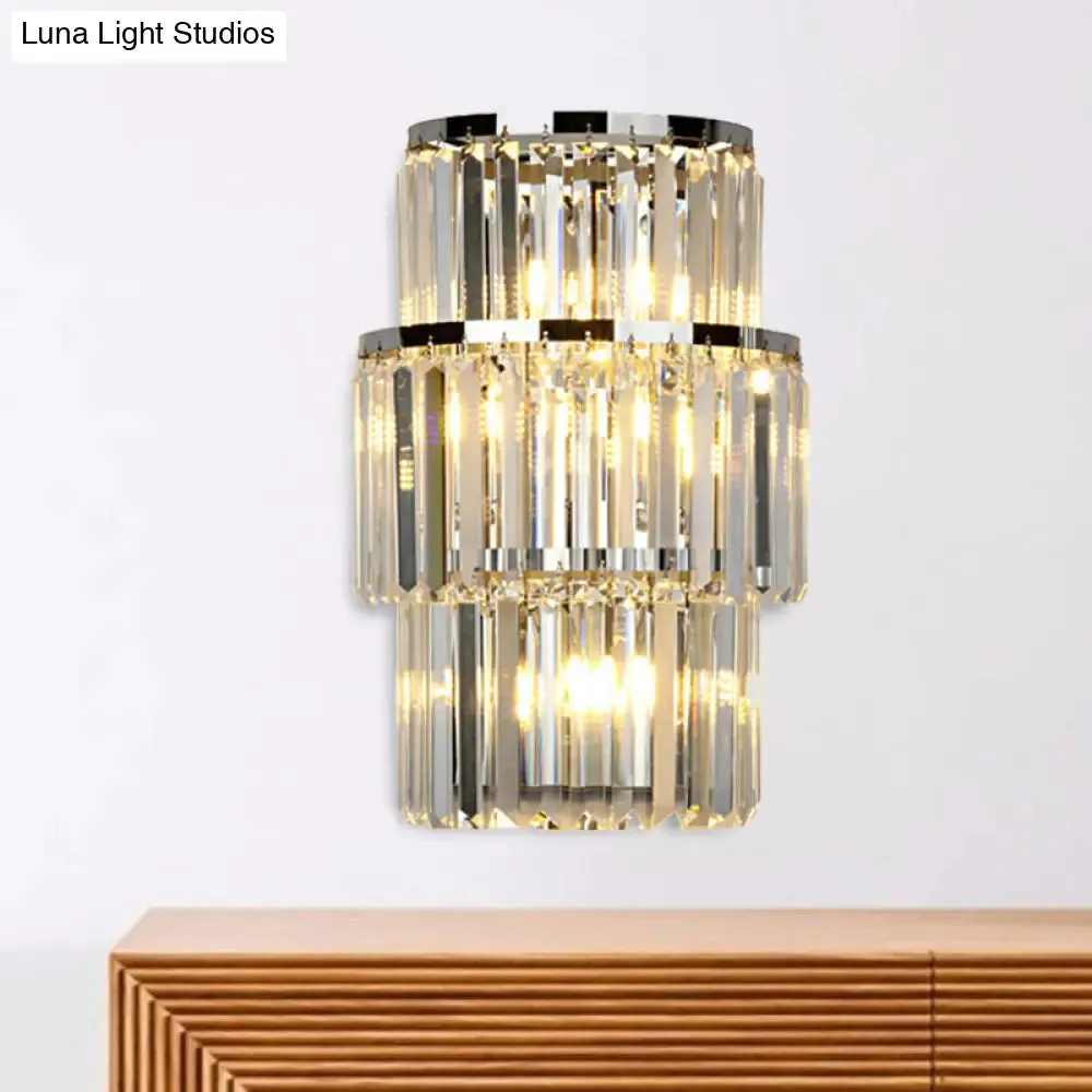 Contemporary Wall Mounted Crystal Cylinder Sconce Light - 3 Silver Lights