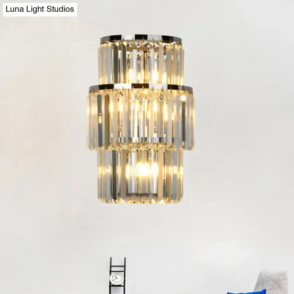 Contemporary Wall Mounted Crystal Cylinder Sconce Light - 3 Silver Lights
