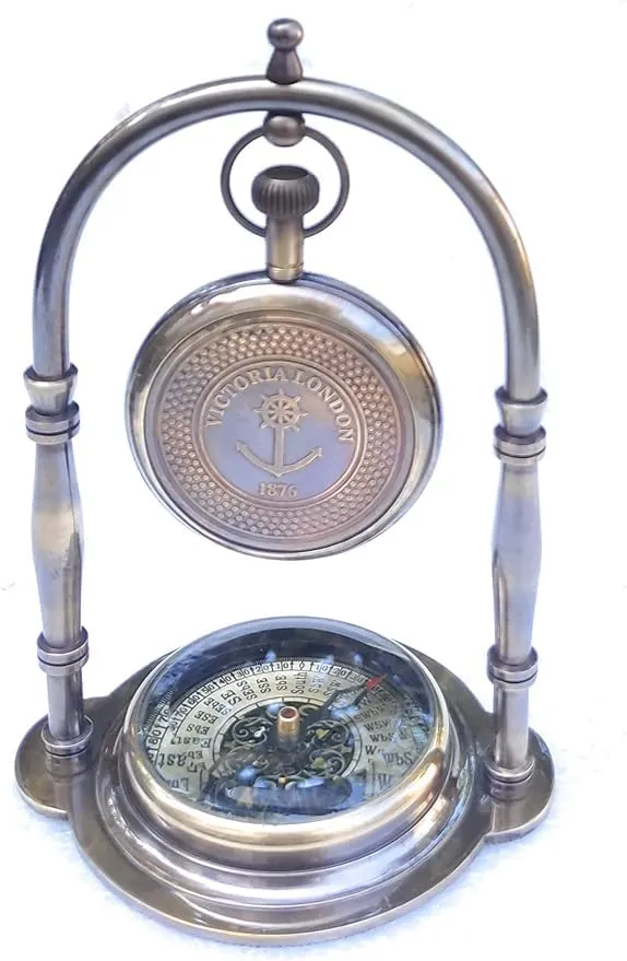 Craft Villa Delight Enterprises Antique Brass Hanging Table Watch with Directional Compass Full Brass Frame for Your Office Table Best Gift for You (Silver)