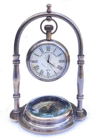 Craft Villa Delight Enterprises Antique Brass Hanging Table Watch with Directional Compass Full Brass Frame for Your Office Table Best Gift for You (Silver)
