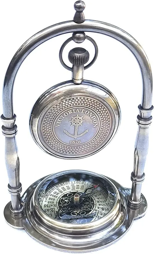 Craft Villa Delight Enterprises Antique Brass Hanging Table Watch with Directional Compass Full Brass Frame for Your Office Table Best Gift for You (Silver)