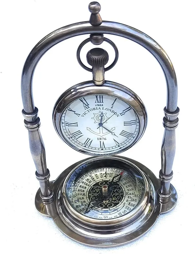 Craft Villa Delight Enterprises Antique Brass Hanging Table Watch with Directional Compass Full Brass Frame for Your Office Table Best Gift for You (Silver)