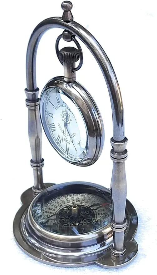Craft Villa Delight Enterprises Antique Brass Hanging Table Watch with Directional Compass Full Brass Frame for Your Office Table Best Gift for You (Silver)
