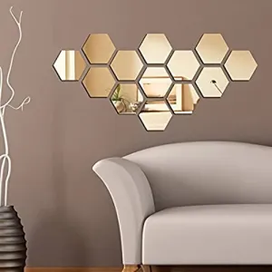 DecorWear 13 Hexagon Mirror Gold Plastic Wall Stickers for Wall Size (10.5x12.1) Cm Acrylic Mirror Wall Decor Sticker, Wall Mirror Stickers, Unframed Hexagonal Mirror Wall Sticker (C-13HexaGold)