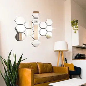 DecorWear 15 Hexagon Mirror Silver Plastic Wall Stickers for Wall Size (10.5x12.1) Cm Acrylic Mirror Wall Decor Sticker, Wall Mirror Stickers, 3D Hexagonal Mirror Wall Sticker (E-15HexaSilver)
